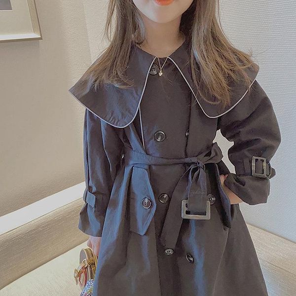 

coat children's mid-length windbreaker autumn girl jacket 3-7 years old lapel cardigan kids clothing, Blue;gray
