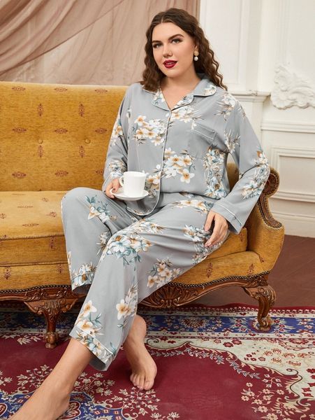 

plus floral print contrast piping pj set d0gy#, Black;white