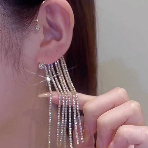 

luxury shining zircon rhinestone long tassel ear charm clip ears cuff exquisite vintage clip earrings wedding party jewelry, Golden