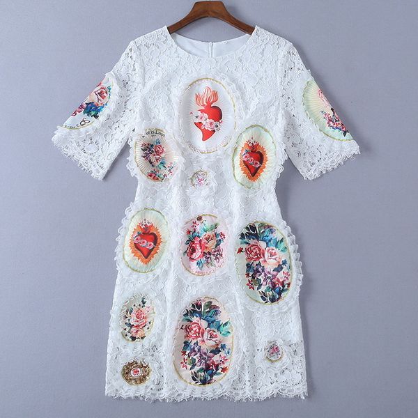 

1202 2019 autumn dress lace white crew neck short sleeve flora print panelled womens clothes sh, Black