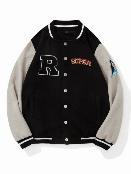 

men letter patched striped trim color block fleece bomber jacket 90vs#, Black;brown