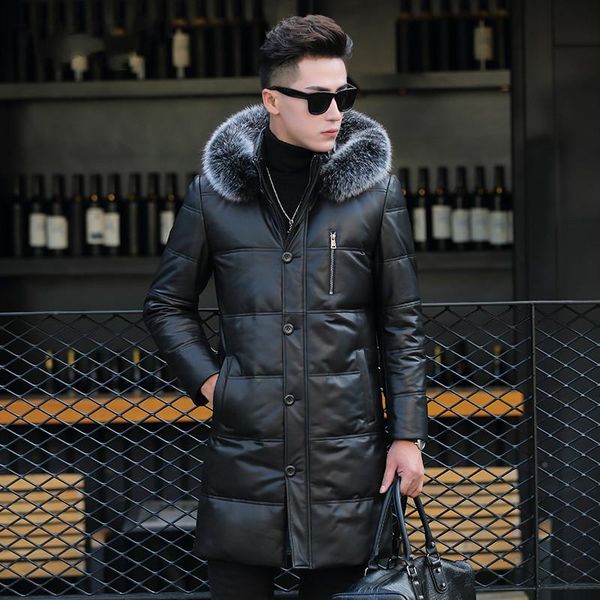

men's leather & faux genuine down jacket men winter long mens sheepskin coat fur collar chaqueta cuero hombre ml-daf89812 kj1118, Black