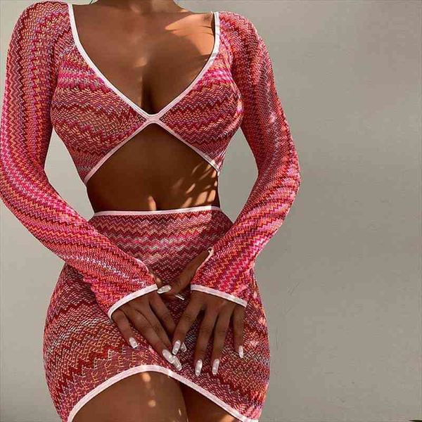 

print sheer mesh 2 piece skirt set matching short sets club rave outfit long sleeve bodycon dress sets, Gray