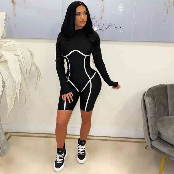 

ladyspring fashion leisure solid color splicing strip slim fitting long sleeve round neck one-piece shorts playsuit, Black;white