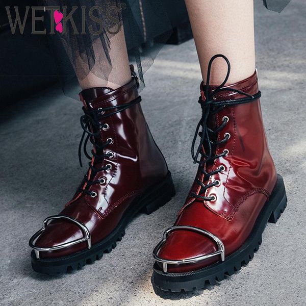 

boots wetkiss cow leather army women punk booties thick heels motorcycle shoes female casual metal ladies winter, Black