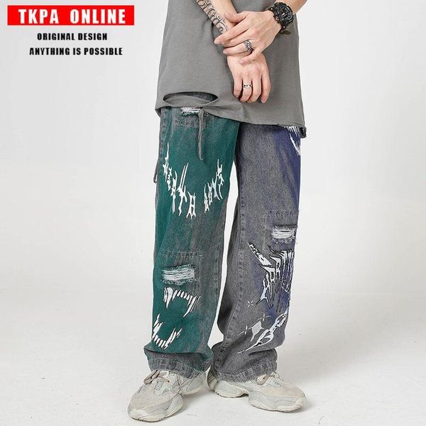 

tkpa oversize high street graffiti paint do old washed denim trousers hand-painted loose straight jeans1, Blue