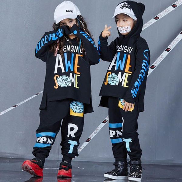 

hip hop costumes children black hooded long sleeve pants boys girls street dance clothes stage performance wear dnv125591, Black;red