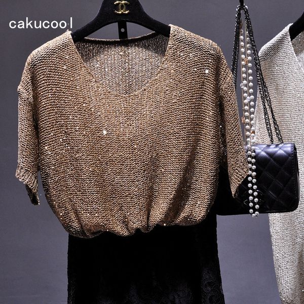 

cakucool women sequins knit shirt short sleeve blouse o neck gold lurex basic korean loose casual blusa shirts femme khaki t190611, White