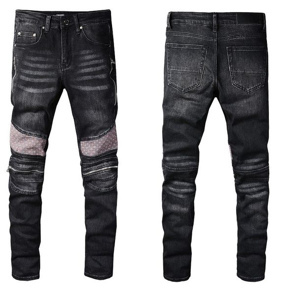 

men skinny jeans ripped holes jeans motorcycle biker patch splice fashion hip hop famous printing denim pants, Blue
