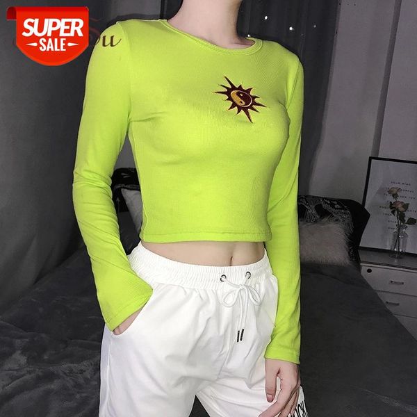 

artsu basic tshirt long sleeve crop embroidery harajuku tshirts blue women neon green tee shirt woman autumn asts21158 #hi2l, White