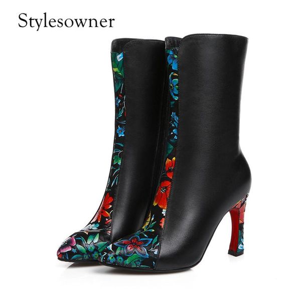

stylesowner 2020 осень зима комфорт женщина boots острым носом лоскутная высокие тонкие каблуки с плюшевые вышивать длинные сапоги, Black