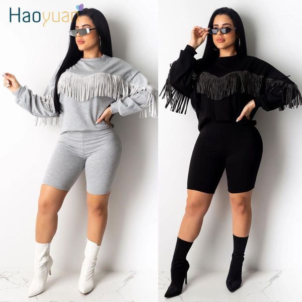 

two piece dress womens tracksuit set women 2021 spring clothes long sleeve tassel shorts sweat suits 2 pcs outfits matching sets1, White
