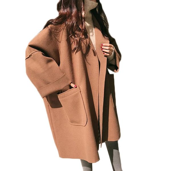 

women's wool & blends spring large size coats women 2021 autumn loose woolen female long jacket coat womens clothing overcoat, Black