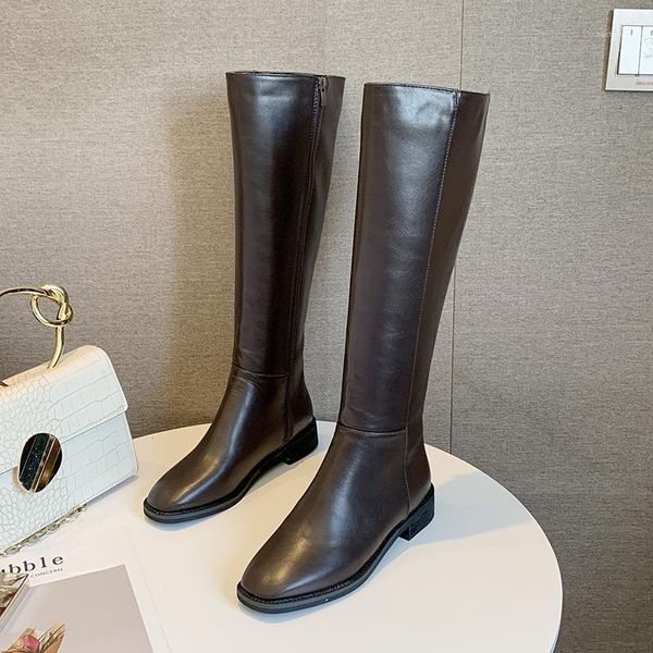 

boots 2021 fashion winter knee high women gothic shoes black warm plush square heel brown leather1
