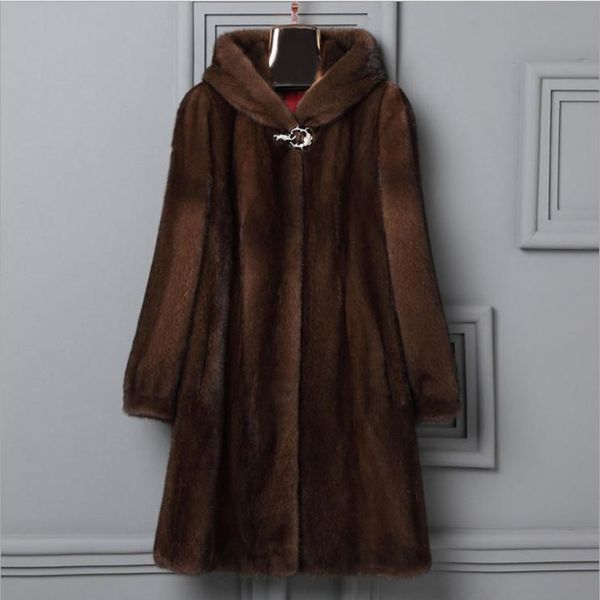 

women's fur & faux 2021 imitated mink coat in haining hooded long spot, Black