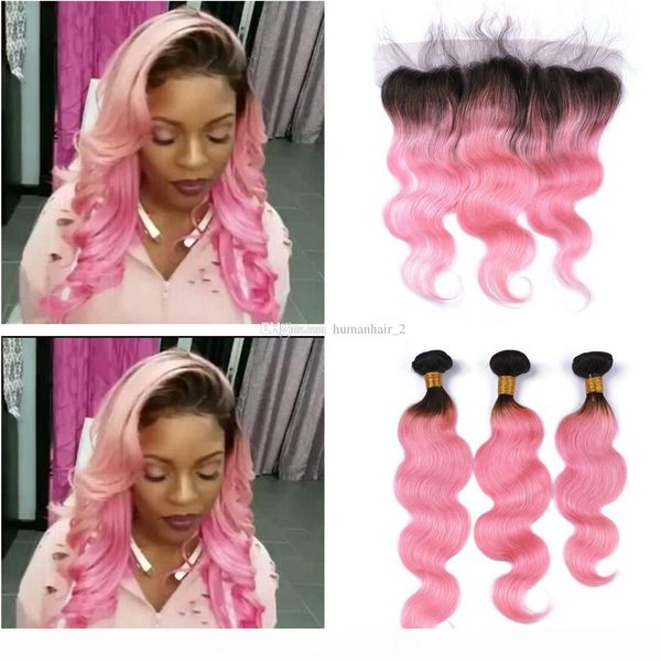 

two tone #1b pink lace frontal closure with hair bundles dark roots pink ombre body wave virgin hair weaves with 13*4 lace frontal, Black;brown