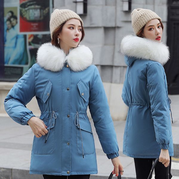 

2021 new winter down cotton coat new korean fashion plus size collar white skin with hood bow belt thin female parkas 880g, Black