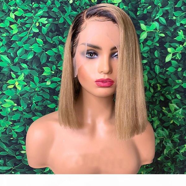 

ombre light ash blonde короткие боб полные парики шнурка с волос младенца pre щипковых 360frontal 13x6 deep часть человеческих волос парики, Black