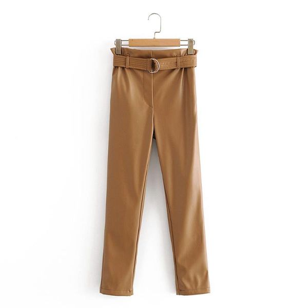 

faux leather elastic office lady skinny pu trousers belt fashion women brown black pencil pants high waist jegging, Black;white