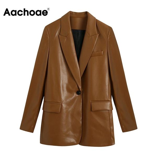 

aachoae women fashion pu faux leather blazer long sleeve single button brown jacket vintage notched collar outerwear coat, White;black