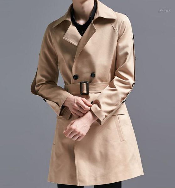 

s-6xl 2020 spring male new fashion double-breasted mid-length slim large size windbreaker jacket1, Tan;black