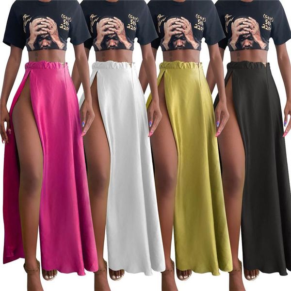 

skirts fashion ladies summer holiday beach side slit high waist long solid color big hemline tunic, Black