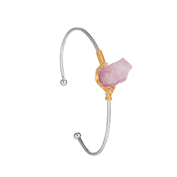 

wholesale 10 pcs silver plated wire wrap irregular shape amethyst stone open bangle citrine crystal fashion jewelry, Golden;silver