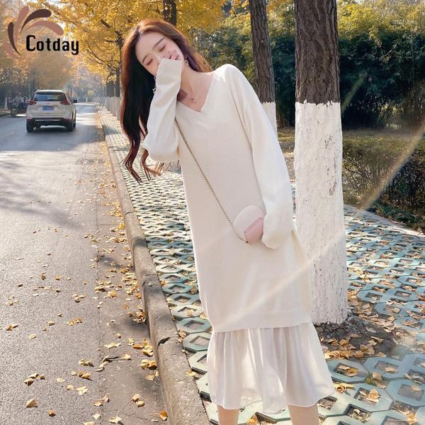 

casual dresses cotday long knitted fashion sweater v-neck women white maxi loose classic dress with lace harajuku ukraine1, Black;gray