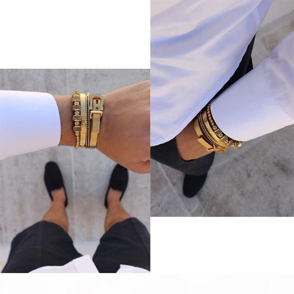 

men bracelets 4pcs set men titanium steel roman numeral bracelet horseshoe buckle bangles pulseira bileklik luxury handmade jewelry, Golden;silver