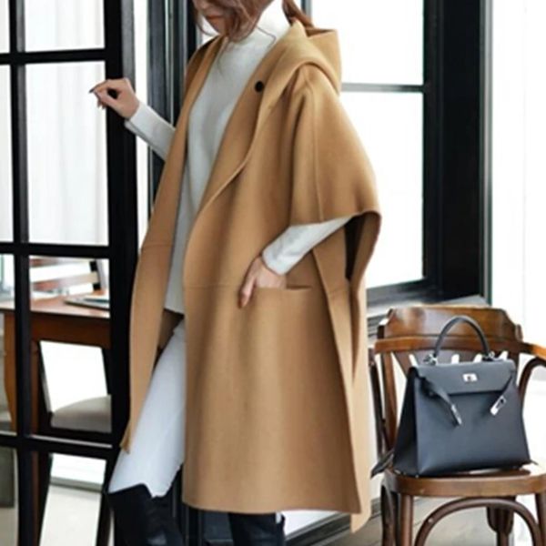 

new elegant winter woolen cape coat women's bat sleeve wool jackets casual split streetwear hooded luxury overcoat plus size 5xl, Black