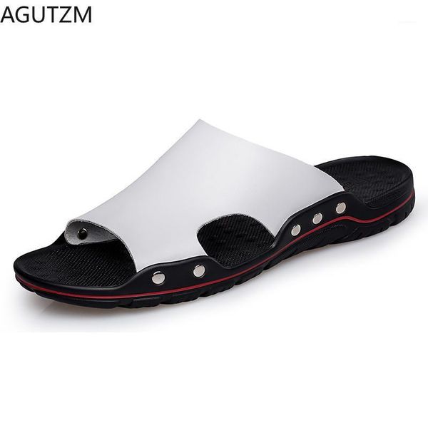 

2020men slippers summer flat 2020 summer man shoes breathable beach slippers split leather flip flops mens size 38-481, Black