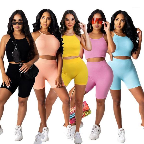 

tracksuits spaghetti strap short pants womens 2pcs sets casual solid color females clothing summer womens designer, Gray