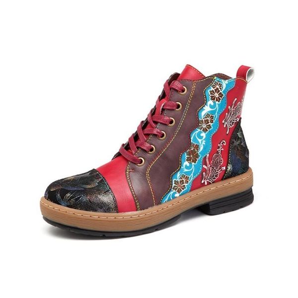 

boots boho handmade women cow real leather ankle casual lace up comfortable streetwear shoes folk floral printed footwear, Black