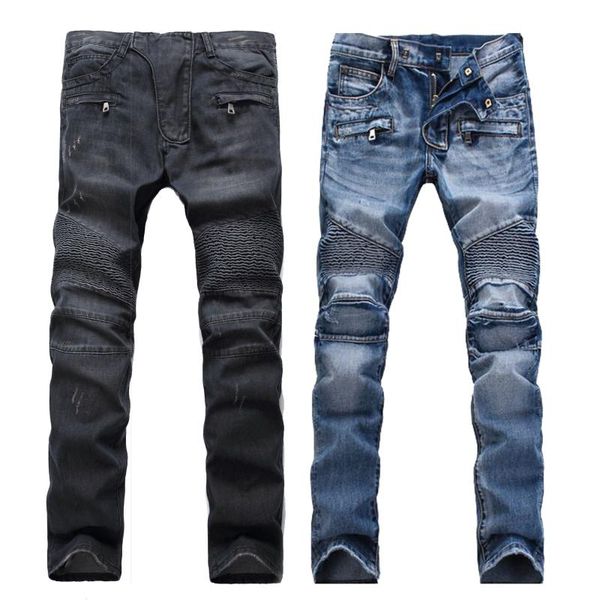 

men's jeans 2021 light color folded slim fit straight biker teen zip pocket, Blue