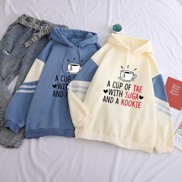 

female hoodie a cup of tea with suga and a kookie printing autumn winter warm fashion contrast color patchwork pullover spliced, Black