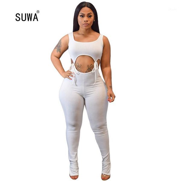 

2020 summer women knitted jumpsuits hollow out sleeveless rompers night club party jumpsuit streetwear one piece overalls1, Black;white