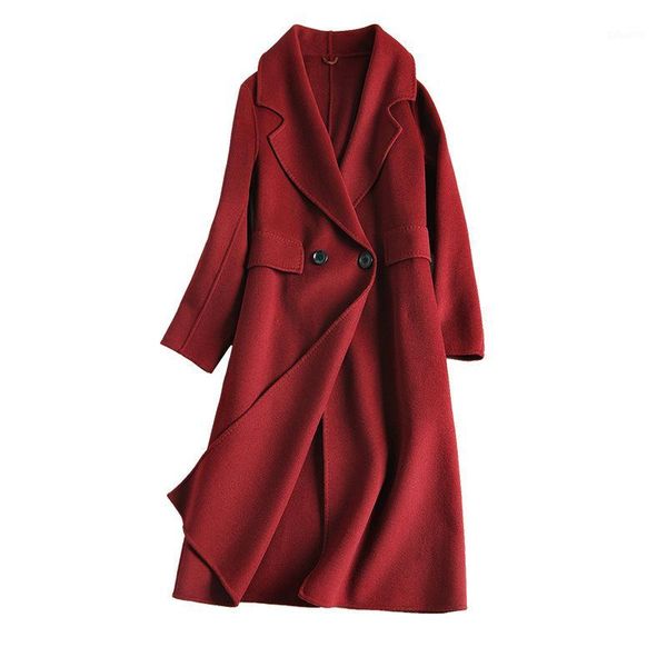 

new arrival 2020 handmade double faced wool classic double breasted red long 100% wool coat women clearance clothes1, Black