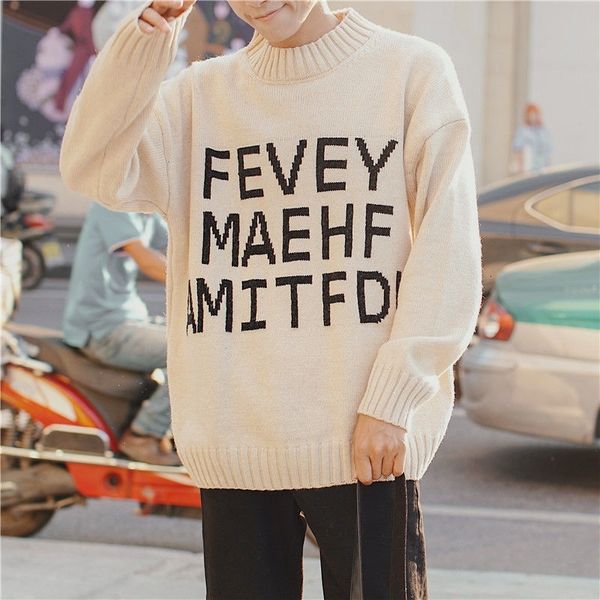 

privathinker korean letter printed men's sweaters autumn men oversized knitted pullovers 4 color warm man casual sweater 201022, White;black