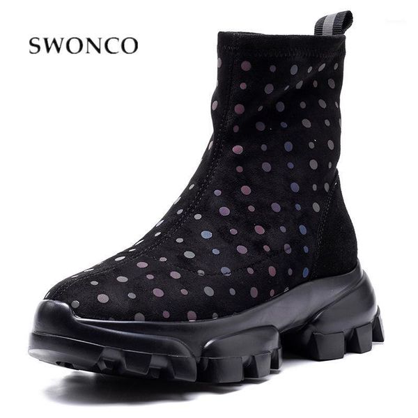 

boots swonco lovely sock shoes women ankle black sneakers platform 2021 autumn female causla short tube womans1
