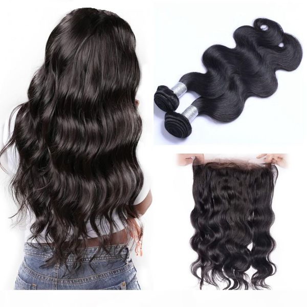 

peruvian body wave hair with 360 lace frontal closure natural color virgin human hair weft 2 bundles with closure, Black;brown