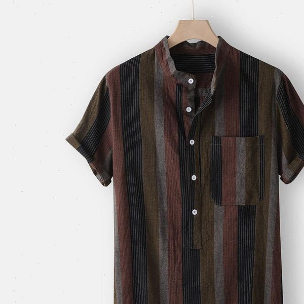 

2021 summer mens hawaiian shirt strip print short sleeve stand collar linen streetwear shirt men chemise homme, White;black