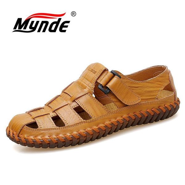 

mynde men cow leather sandals outdoor 2019 summer handmade men shoes men breathable casual shoes footwear walking sandals y200702, Black