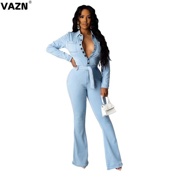 

vazn new 2020 light blue catsuit v-neck solid full sleeve beach style jumpsuit holiday shinny bandage jumpsuits, Black;white