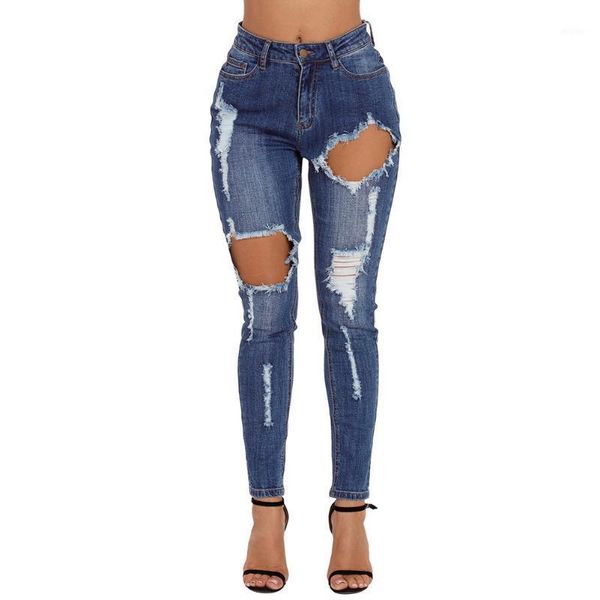 

new high waist women slim jeans women hole cotton elastic feet pencil jeans wash ripped female1, Blue