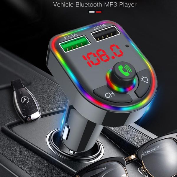

f6 car charger 5.0 bluetooth fm transmitter rgb atmosphere light car kit mp3 player wireless handsaudio receiver with retail box