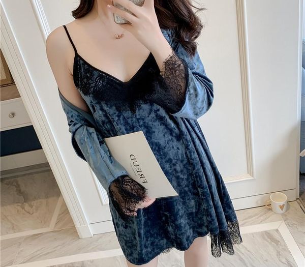 

young lady home clothing autumn soft velour lingerie lace sleep set nightgown 2pcs nightwear kimono bathrobe99, Black;red