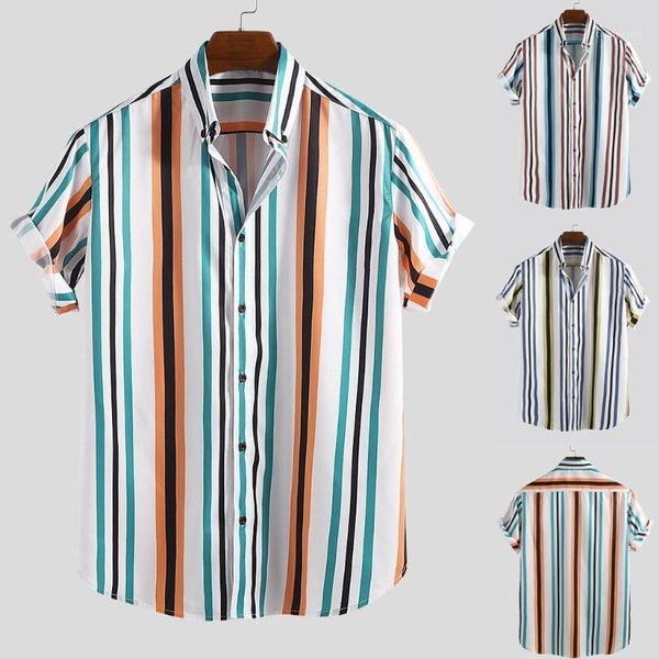 

shirt men streetwear chemise homme summer men breathable striped turn down collar short sleeve loose casual shirts y6061, White;black