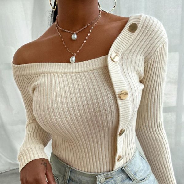 

women's sweater one shoulder knitted slim pullover long sleeve solid button female sweaters 2020 autumn fashion ladies, White;black