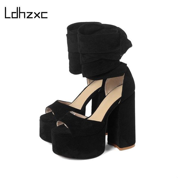 

sandals ldhzxc open toe platform women chunky heel gladiator shoes t-tied thick waterproof nightclub party wedding high heels, Black