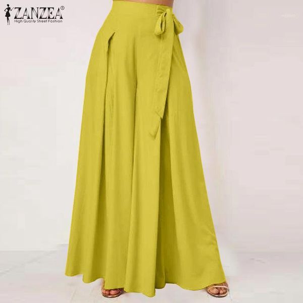 

2020 summer solid flare trousers zanzea elegant wide leg pants women casual high waist pleated long pantalon pants streetwear1, Black;white
